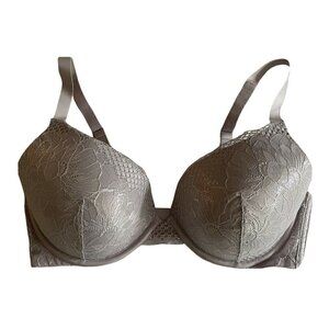 Ambrielle 40DD Full Figure Plunge Bra Metallic Gray Lace Underwire Push Up